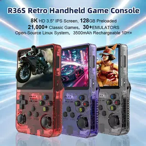 R36S Retro Game Console - A portable handheld game console featuring a 3.5-inch screen, USB power supply, and a lightweight retro gaming device, perfect for travel and home use