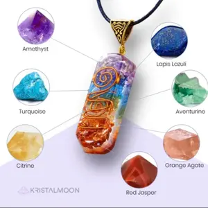 Seven Chakra Orgone Necklace with Reiki Copper Double Coil Healing Round Cord Pendant