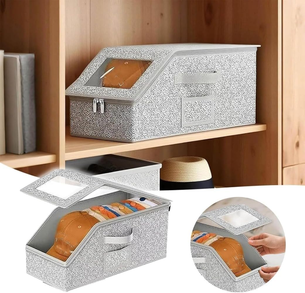 Stackable Hat Organizer for Baseball Caps, Ball Cap Storage Organizer with Clear Window, Hat Storage Box Flip-Top Access for Closet Bedroom Shelf (Gray)