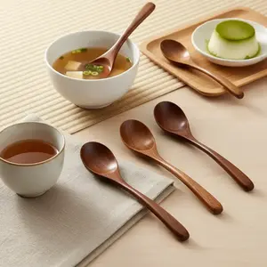 4-Piece Natural Wood Rice Spoon Set, Japanese Style Soup Spoons, Hotel & Home Use, Durable Wooden Utensils for Dining