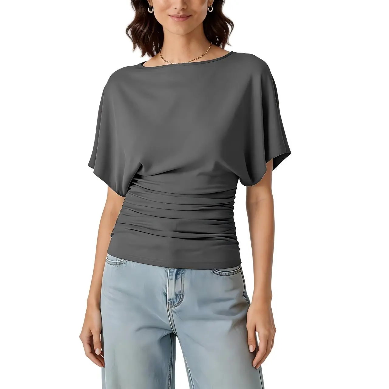 Hixiaohe Casual Womens Tops Boat Neck Pullover Shirts Batwing Short Sleeve Side Ruched Tunic Corset Top Work Blouse Basic Tee,back to school,back to school shopping