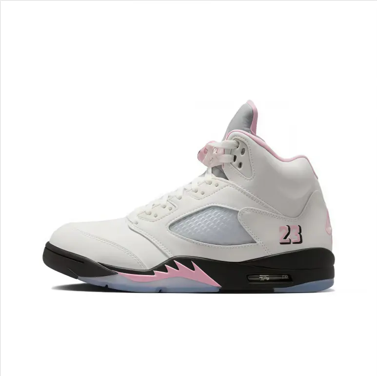 High top basketball sneakers white leather pink trim black midsole translucent outsole breathable mesh panel feminine street look cushioned support fashion influencer pick lightweight unisex daily footwear
