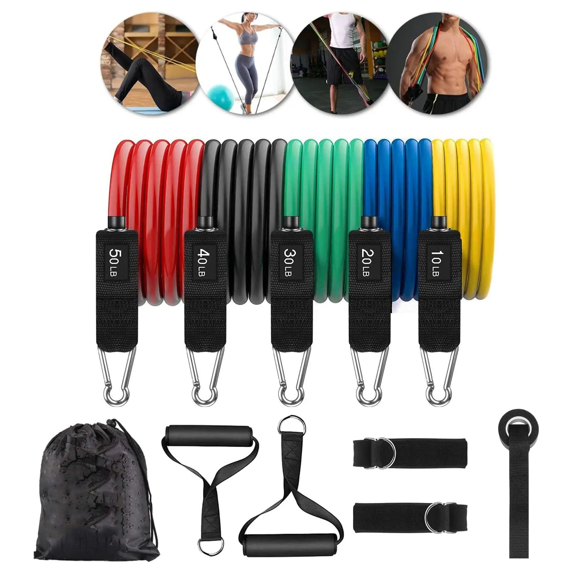 Workout Bands Set, 11-Piece Adjustable Elastic Bands with Handles and Door Anchor, Multi Functional Accessory Kit for Home Gym Strength Training, 11-Piece Kit, Glute Growth, Fitness For Everyone, Rubber, Body Slimming, Attachment, Unisex, Arm Workout For,