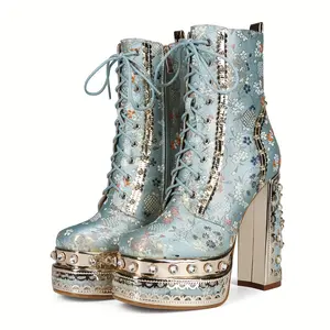 [Floral Ankle Boots] Ultrahigh Block Heel Women's Floral Embroidered Ankle Boots | Chunky Heel, Square Toe, Zipper Closure, Golden Rivet Accents, Synthetic & Faux Cover Footwear Girl