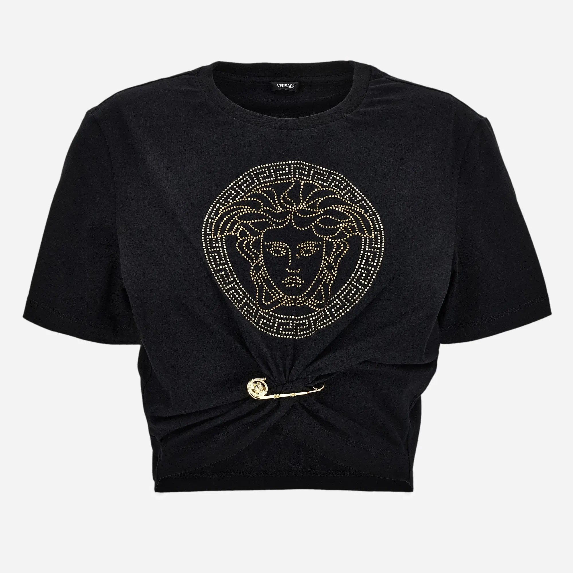 VERSACE Bedazzled Medusa Crop Safety Pin T-shirt