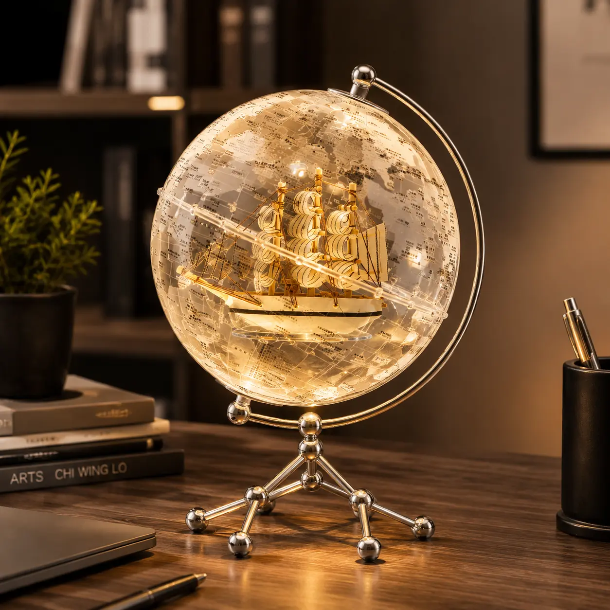 Aris & Juno LED Light Up Globe with Sailing Ship Model, Modern Desktop Globe Decor, Elegant Office Desk Ornament for Home, Bookshelf, Living Room and Unique Gift farmhouse exquisite craftsmanship