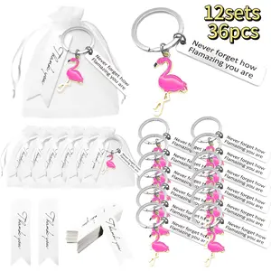 36pcs/12sets inspirational flamingo keychain gift set, flamingo goodie bag stuffer for Valentine's Day or birthdays, flamingo party favors, flamingo items, Includes 12 stainless steel keychains, 12 organza bags, and 12 thank you cards