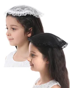 Mantveil Girl's First Communion Veil 2 Pack Round Lace Mantilla Church Mass Head Coverings Catholic Chapel Cap (Black+White)