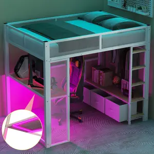 SOIYELIFE White Full Size Metal Gaming Loft Bed with Integrated Desk, Open Wardrobe & 3 Linen Drawers, Space-Saving Design for Small Rooms