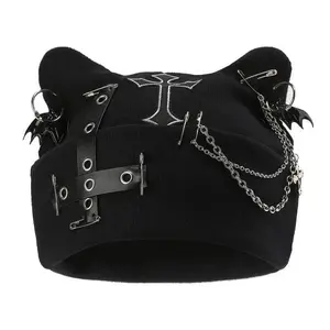 Women's Gothic Cat Ear Beanie with Punk Chain & Bat Charm Y2K Streetwear Aesthetic Alternative Fashion Statement