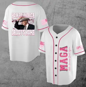 Trump Howdy 'Merica MAGA Pink Baseball Jersey, Button Down Summer Outfit, vintage style, funny Trump Jersey, Summer 2024 Jersey Style, Unisex Outfit