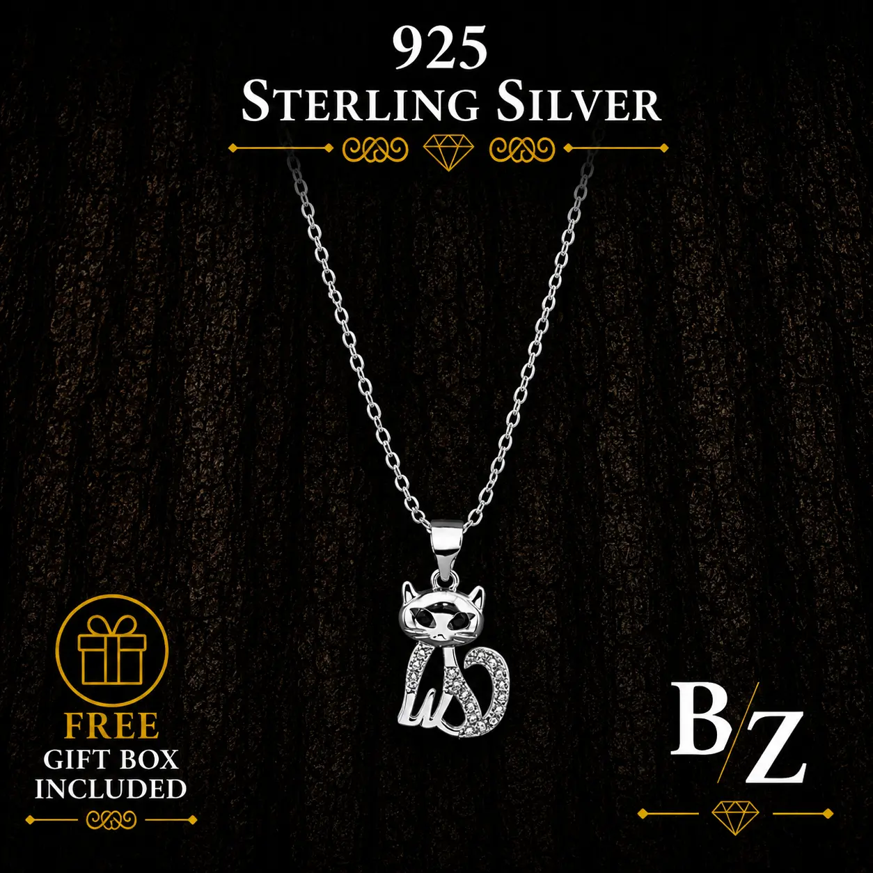 925 Sterling Silver Cat Necklace with Cubic Zirconia Pendant – 18 Inch Chain