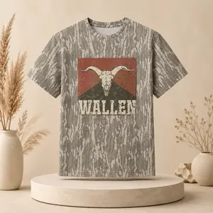 Wallen Camo Graphic T Shirt, Western Longhorn Skull Tee, Country Music Inspired Shirt, Rustic Outdoor Short Sleeve Crewneck Top Gift