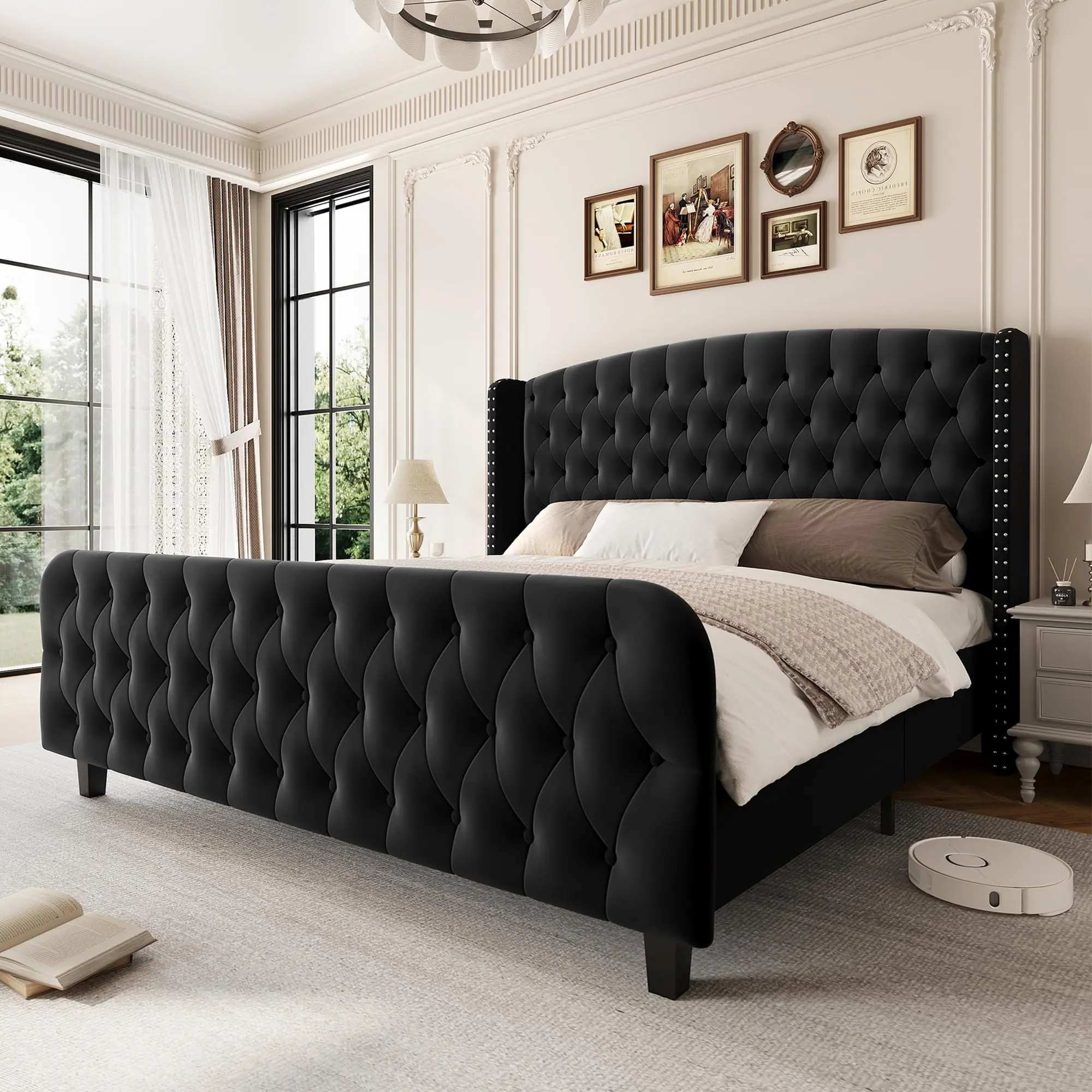 GARVEE 51 in Tall Queen Size Bed Frame with Deep Button Tufted Wingback Headboard and Footboard,Velvet Upholstered Platform Bed Frame,No Box Spring Needed, Easy Assemble,Black