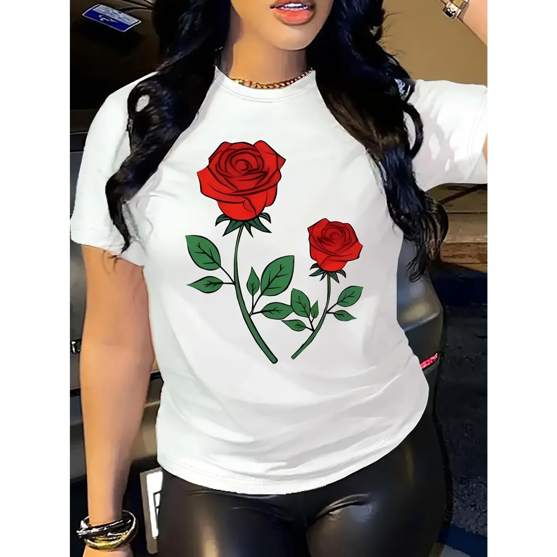Rose Flower Pattern Printed Women'S T-Shirt - Summer Women'S Fashionable Casual Sports Fitness Breathable, Comfortable And Soft Round Neck Short-Sleeved Top T-Shirt T-Shirt For Men And Women