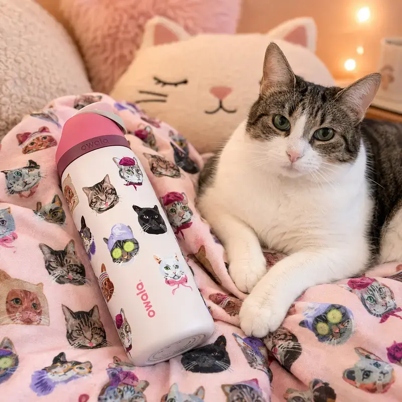 Owala FreeSip Cat Collage Limited Edition Water Bottle – Pastel Pink Cute Cat Print