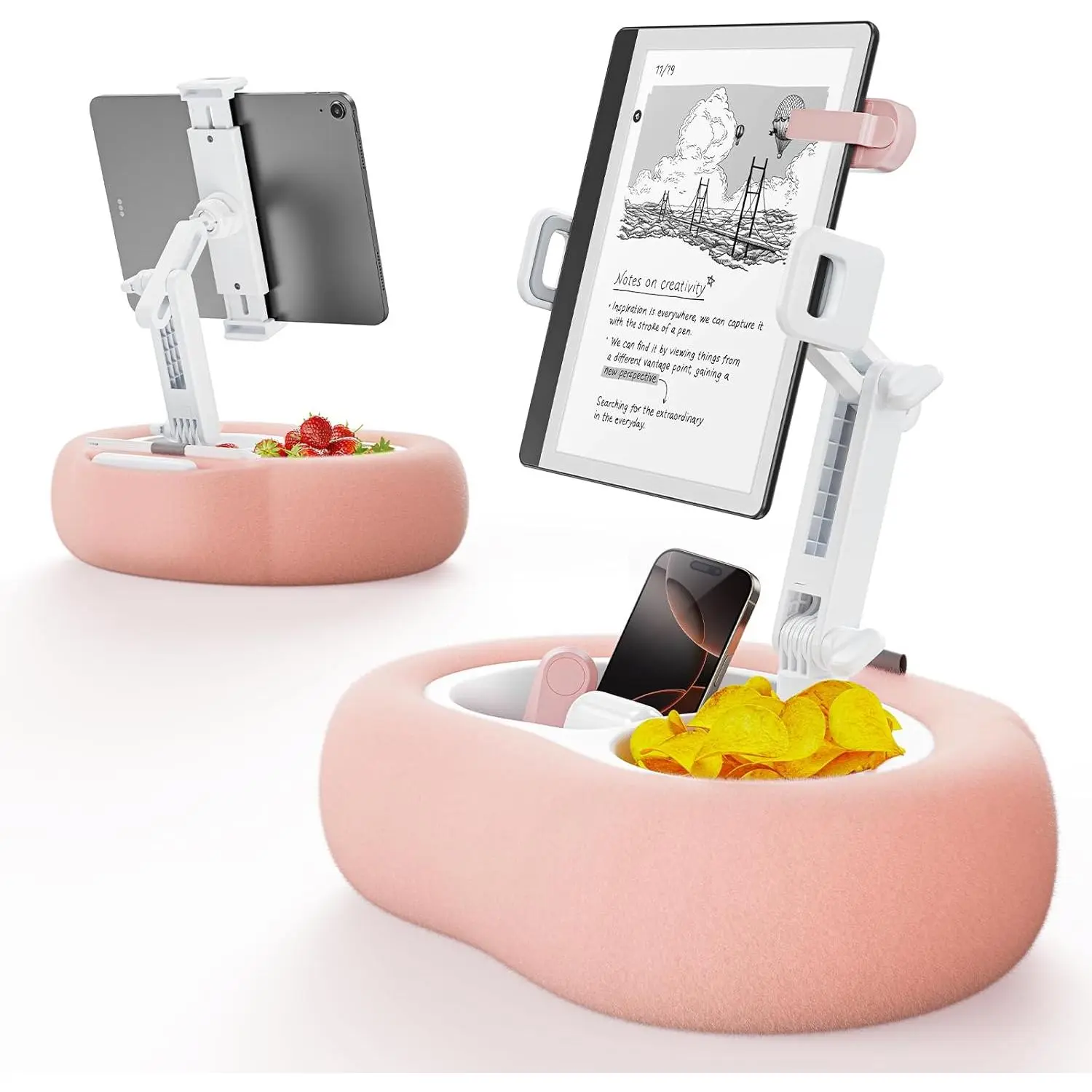Tablet Kindle Pillow Stand Holder with 2 Trays Fit 4''-13'' Phone/Tablet/Kindle iPad Holder Stand for Bed with Soft Plus Fabric Reading Accessories Gift, Pink