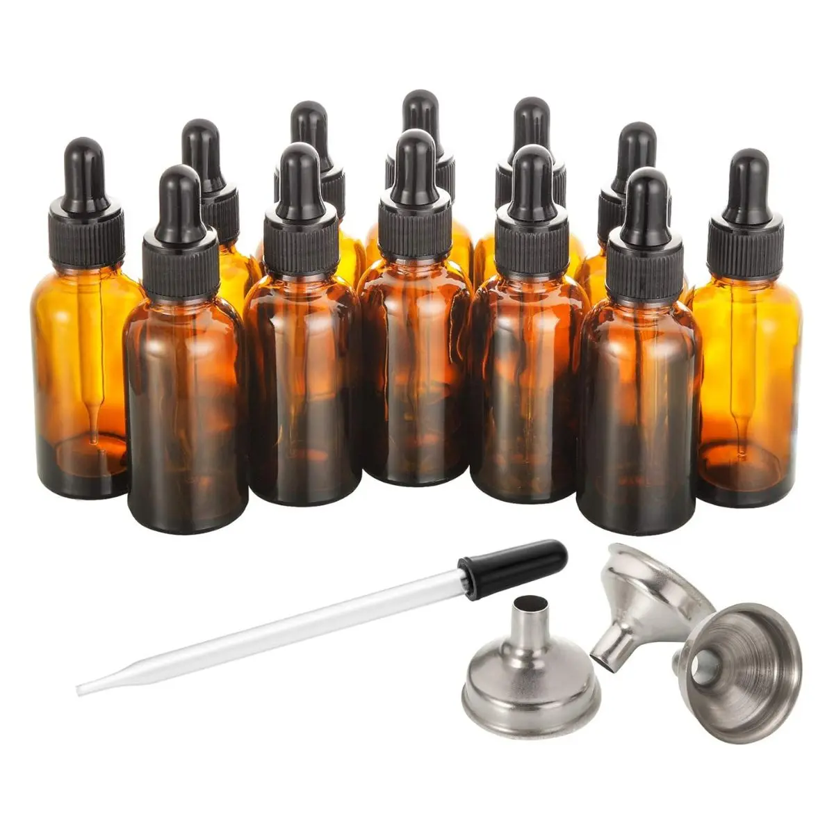 30ml Amber Glass Dropper Bottles 12-Pack – 1 Oz Bottles with Glass Droppers & Stainless Steel Funnels