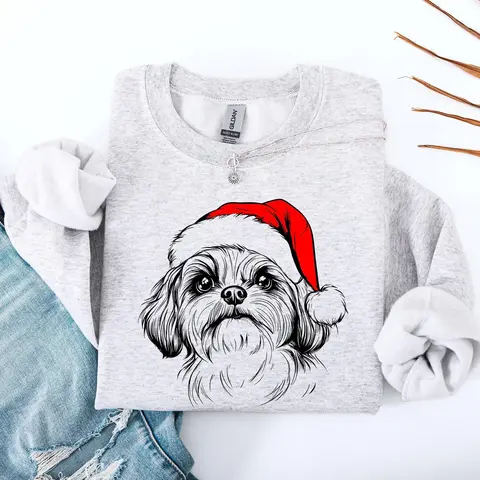 Shih Tzu Santa Christmas Dog Lover Festive Portrait With Cozy Holiday Vibes Graphic Sweatshirt, Crew Neck, Women's, Crewneck