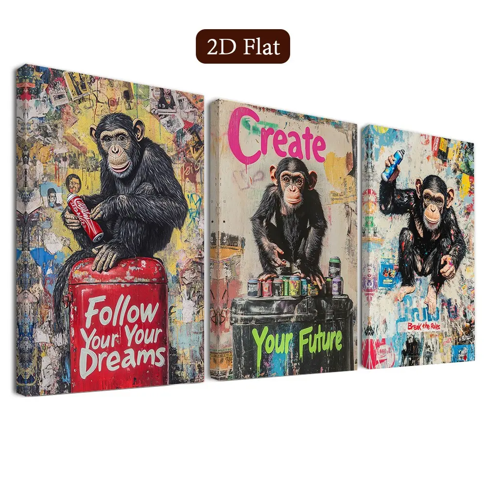 3 Piece Framed Street Art Wall Art, Monkey Canvas Print, Urban Style Poster, Creative Design, Modern Home Decor, Classroom Art, Room Decoration
