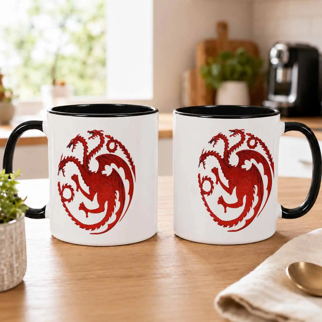 Ceramic Dragon Coffee Mug - 11oz/15oz, Red 3-Headed Dragon Sigil Print, Glossy Finish Fantasy Theme Drinkware, Durable Washable for Everyday Use, Gaming Desk Enthusiasts Gift