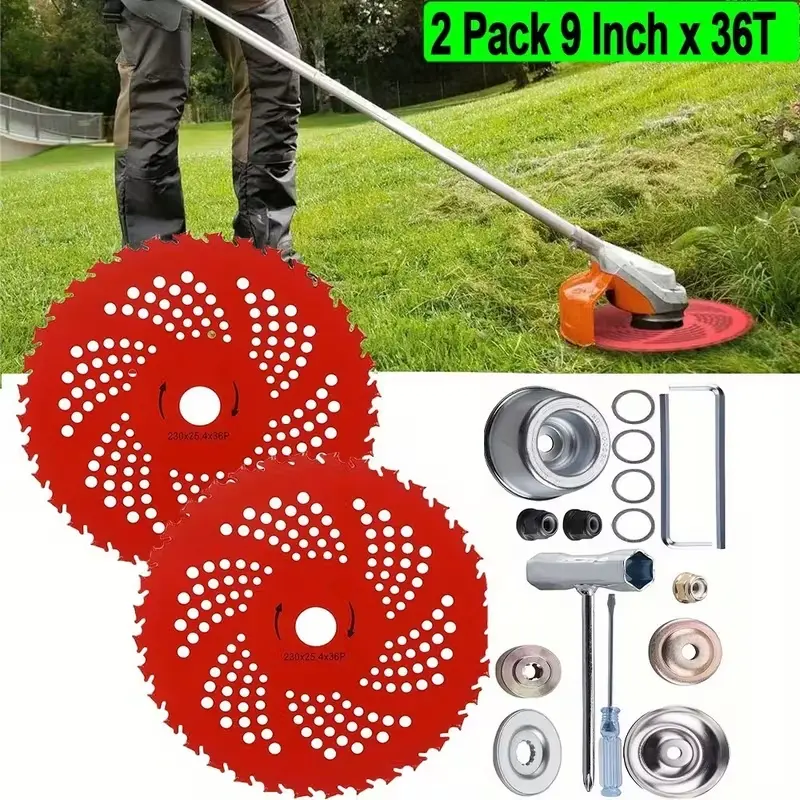 Lawn Equipment Accessories 2-Pack Durable Metal Chainsaw Tooth Weed Eater Blades, 9-in & 10-in 36T Brush Cutter Blades with Adapter, Universal Fit for Husqvarna, Stihl, FSX & Most String Trimmers