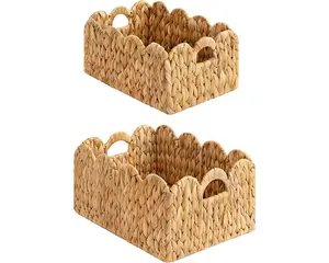 Scalloped Edge Wicker Basket, Hand-woven Rattan Baskets with Built-in Handles, Water Hyacinth Basket for Organizing and Decor . 2 Pack
