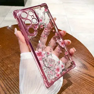 Compatible with Samsung Galaxy S23 Ultra S24 Plus S25 S22+ FE Edge Case Pink Cherry Pattern Clear Protective Four Corners Air Cushion Anti-drop Shockproof Cellphone Casing