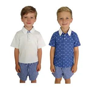 Short sleeves polo top match blue plaid shorts boutique outfits kids boys summer clothes