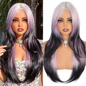 WIGQUEEN Long Straight Wigs with Curtain Bangs for Women Layered Synthetic High Density Heat Resistant Hair Wig for Daily Party