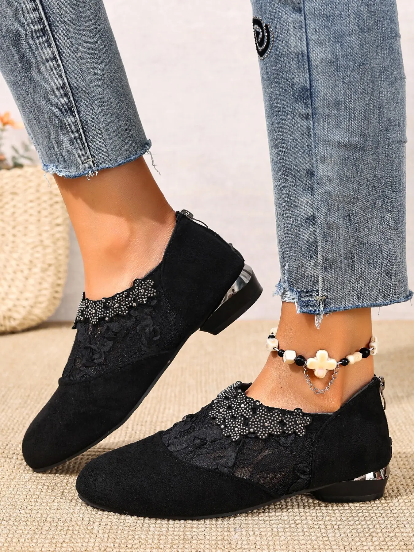 Pointed Toe Mesh Ankle Boots for Women - Side Zipper, Block Heel with 3D Flower Rhinestone Detail