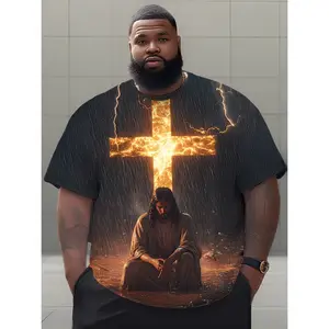 Men' Plus Size Rain Cross & Repenting in The Rain Graphic T-Shirt - Breathable Round Neck Casual Tee, Machine Washable Suitable for Sports, Workout Wear, Gym & Everyday Summer Outfits - Comfortable Cross Design Shirt, PLUS SIZE
