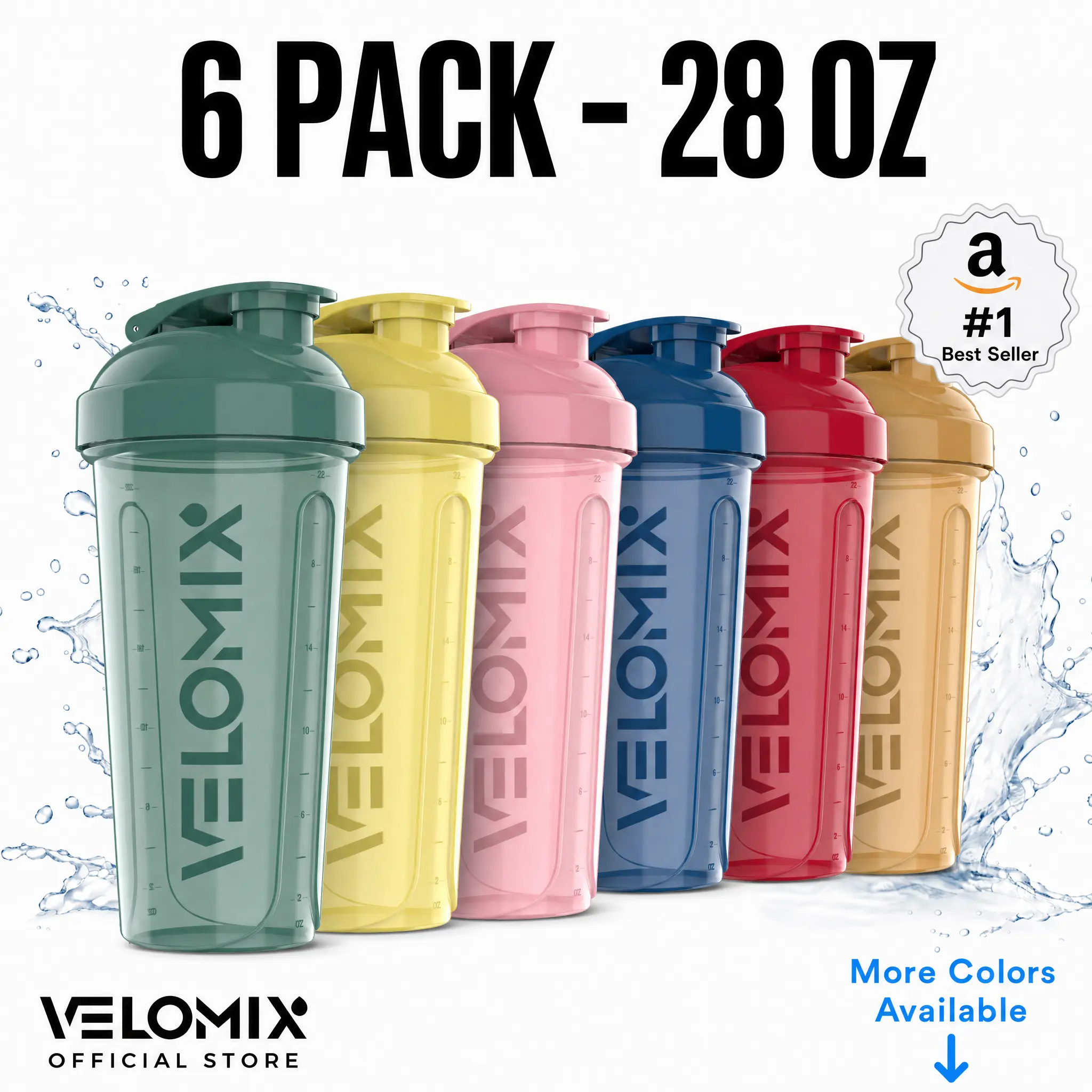 VELOMIX 6-Pack 28oz Protein Shaker Bottles - BPA-Free, Leak-Proof Gym Accessories Water Bottles with Wire Whisk Ball for Gym Essentials, Gym Bottle Water