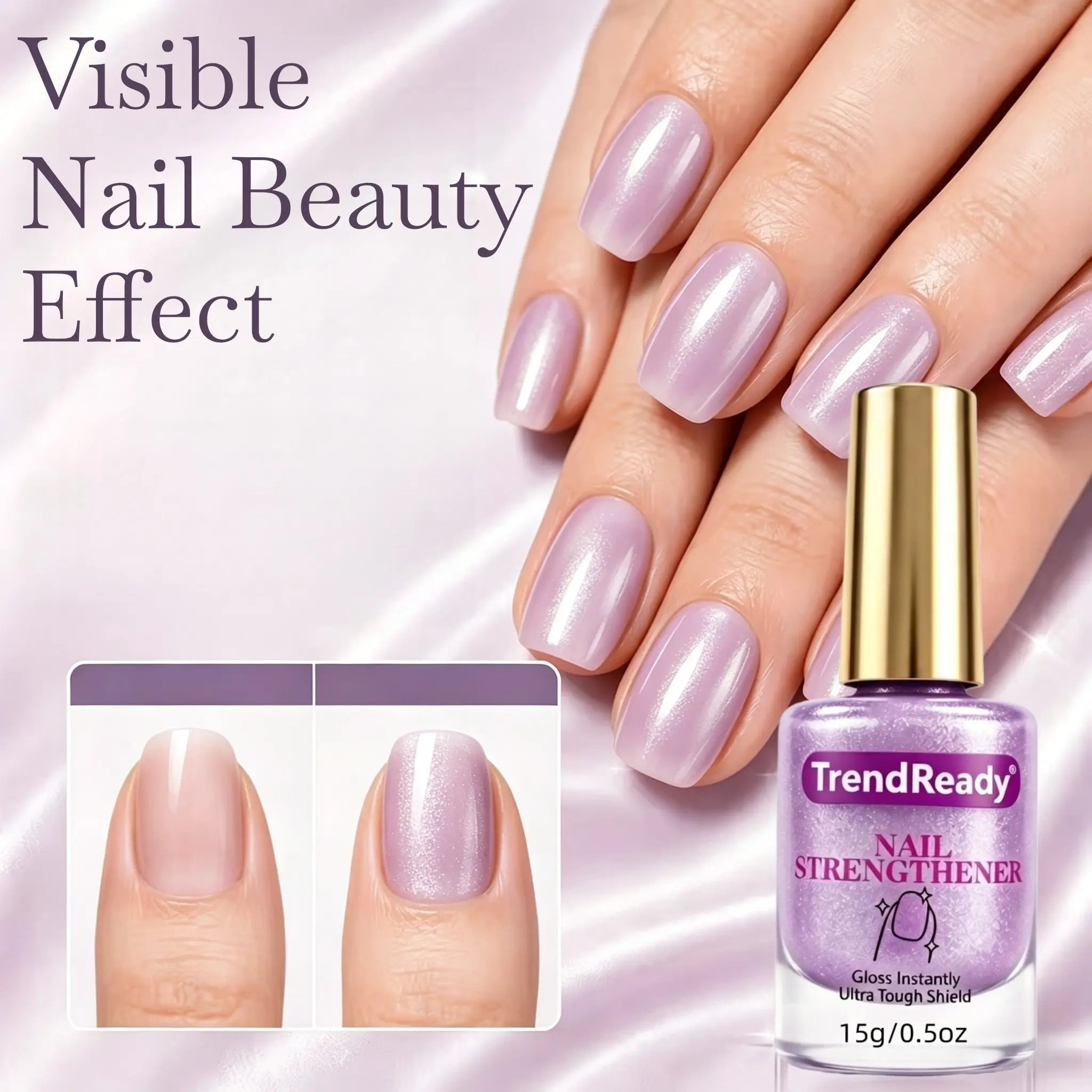 2PCS Professional Instant Nail Strengthener Polish - Fast-Acting Keratin & Calcium Formula Suitable for Weak/Brittle Nails, Hardens, Prevents Splitting/Cracking, Purple Shine for At-Home Salon Use, -Free for Nails, 0.51oz