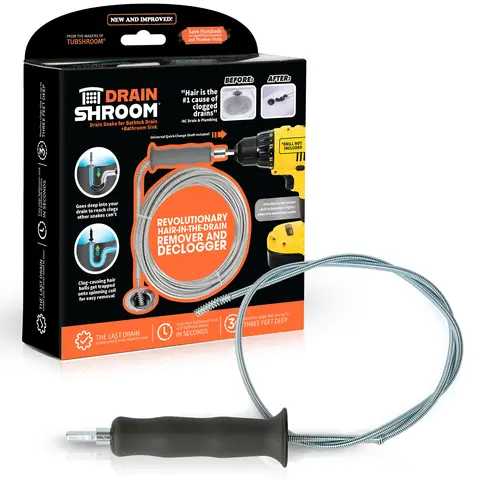 TUBSHROOM DrainShroom 42 Inch Tub and Sink Snake Auger Clog Remover for Bathroom Drains, Stainless Rubber, Universal Quick Change Shaft, Pipe Dredging Agent