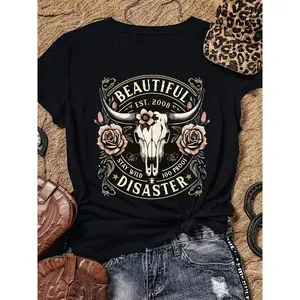 Western Cowboy Pattern T-shirt - Black Short Sleeve Round Neck Top with Tauren Bone and Flower Design, Retro 2008 Spring/Summer Casual T-shirt, Suitable for Outdoor and Casual Wear, Suitable for Both Men and Women.