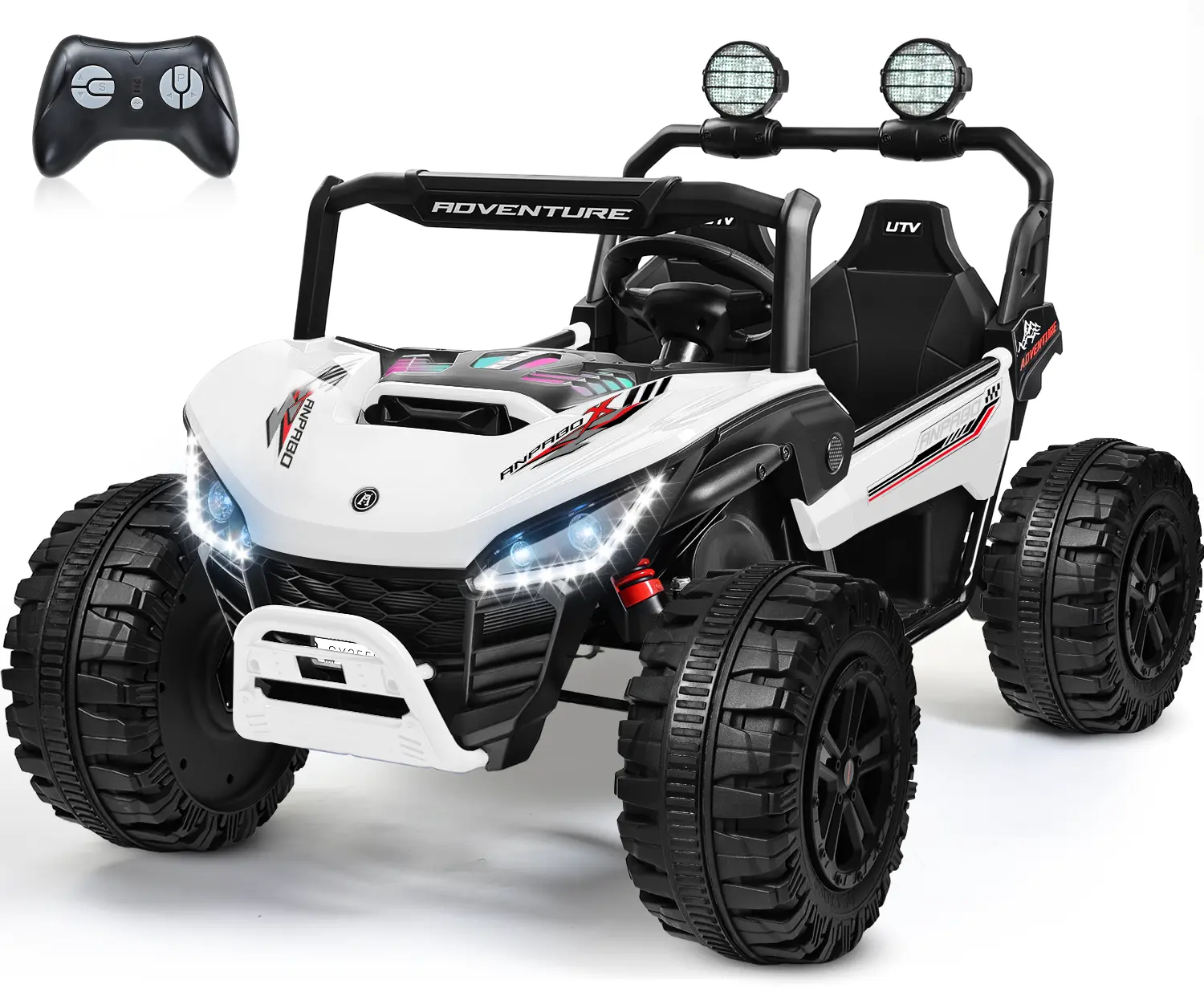 ANPABO 24V Battery-Powered 2-Seater Ride-On Car with Ride on Wheels for Big Kids, 4x200W Outdoor Toy, 5.1Mph Max Speed, Shock Absorption, Bluetooth Music, LED Lights, Parent Remote, Storage, Ages 3-12 Boys & Girls