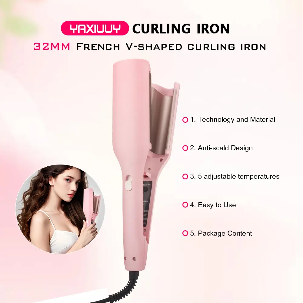 YAXIUUY French wave curling iron, 32MM French V-shaped curling iron, 4-speed temperature adjustment, fast heating adjustable temperature, suitable for any hairstyle hair type Electric Curler Heated Curler Comfort
