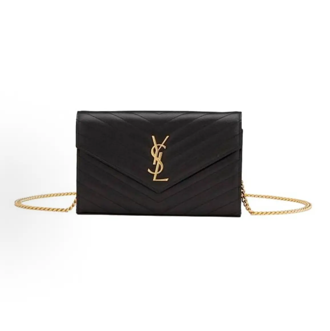 Pre-owned Yves Saint Laurent Leather Shoulder Bags Grain De Poudre Matelasse Chevron Monogram Envelope Medium Black Classic Flap Shoulder Bag