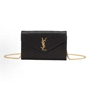 Pre-owned Yves Saint Laurent Leather Shoulder Bags YSL Grain De Poudre Matelasse Chevron Monogram Envelope Medium Black