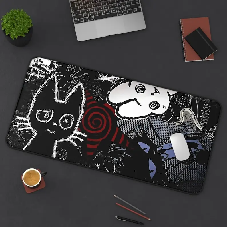 Drk Pnk Anime Dest Mat Creepy Cat Gaming Mat Grung Desk Pad for Gamers Neon Aesthetic Mouse Pad for PC