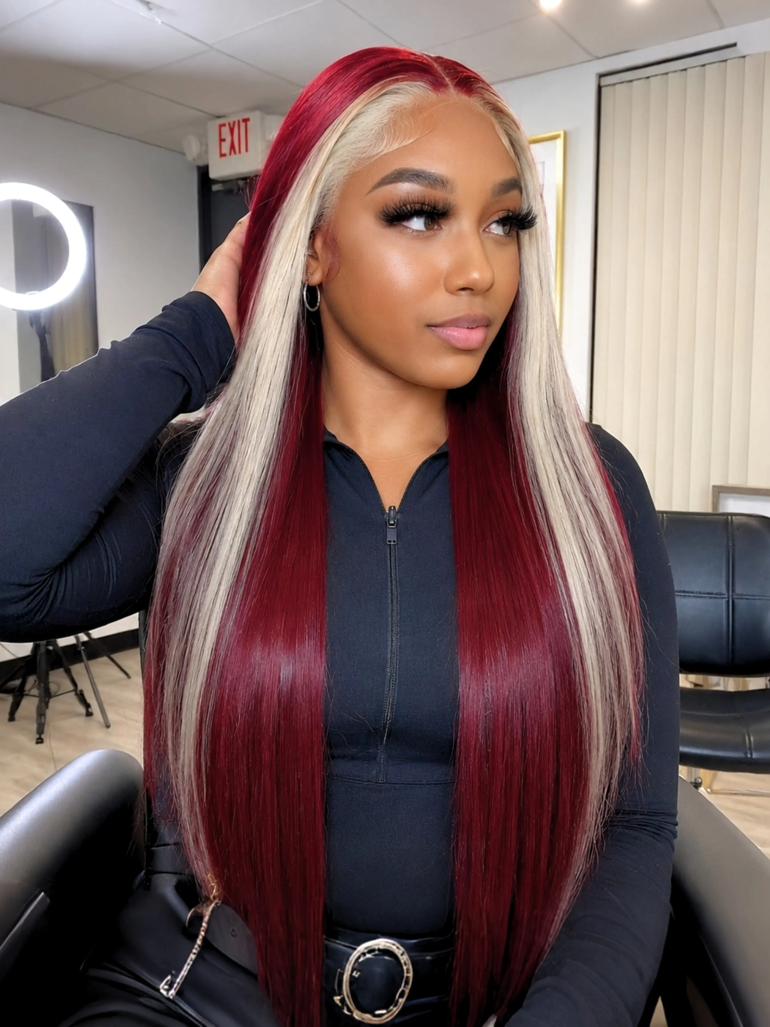 Burgundy Blonde Highlight Wig 13x4 Lace Front Wigs Preplucked Wigs Pre-Plucked Hairline Heat Resistant Synthetic Wig Free Parting Wine Red Silky Straight Wig HD Lace Frontal Wigs for Women Daily Wer Party Festival Match Day Look Heat Friendly Wig 28 Inch