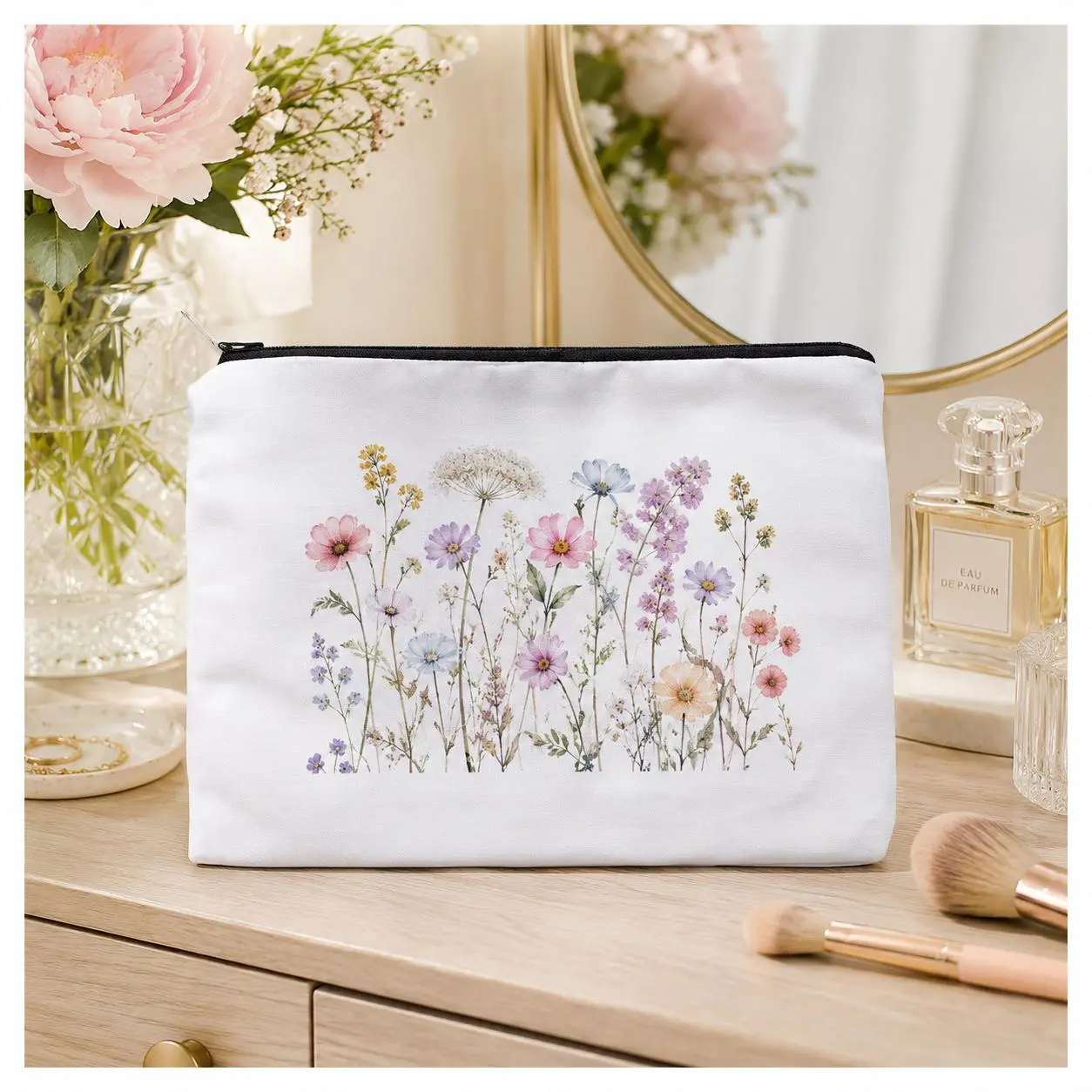 Chic Structured Canvas Makeup Bag with Zipper for Travel & Vanity Organization, Personalized Pouch Customizable with Florals or Monograms, Ideal Wedding & Holiday Gift, Personalized Gift, Portable Vanity, Customized Gifts