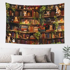 Boho Cottagecore Cat Bookshelf Tapestry - Light Decorative, Gypsy Chic Tapestry, Aesthetic Book Lover Wall Hanging, Cute Kitten Bedroom Room Decor, Gypsy Chic Tapestries