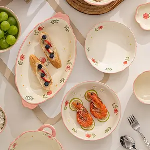 4-piece 8-inch plates/2-piece set of 12.5-inch fish plates, with pink floral patterns, Modern Ceramic Dinnerware, can hold delicious dishes such as vegetables, salads, fruits, grilled fish, pasta, etc., suitable for family kitchens, gatherings, picnics