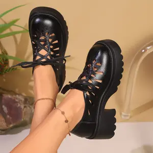 2026 New Women's Vintage Square-Toe Shoes with-Lace-Up Thick Heel and Platform Sole Height Increase, Versatile Low-Heel Shoes Petite Women, Women Shoes