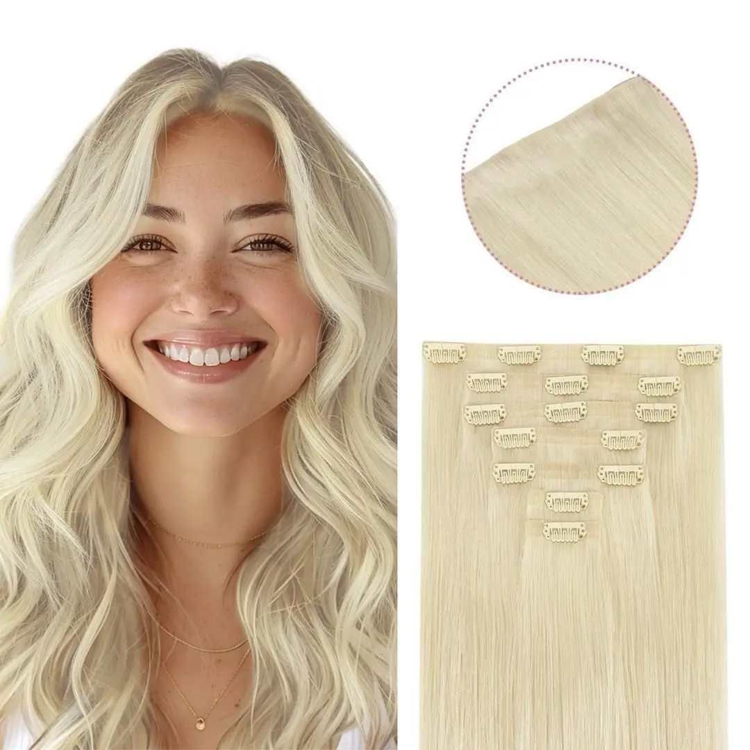 GOO GOO Virgin Human Hair Extensions, Glueless Clip-in Straight Hair, Invisi Edge Injected Seamless Clips, Invisible Extension Hairpiece