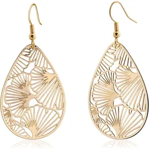 14K Gold Plated Ginkgo Leaf Drop Earrings Silver Teardrop Filigree Dangle Earrings Lightweight Nature Inspired Jewelry Gift