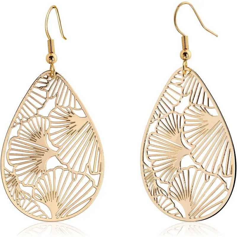 14K Gold Plated Silver Teardrop Filigree Ginkgo Leaf Dangle Earrings, Lightweight Nickel-Free Nature-Inspired Jewelry with Ginkgo Veins, Earring for Women Ideal for Daily Wear Gift