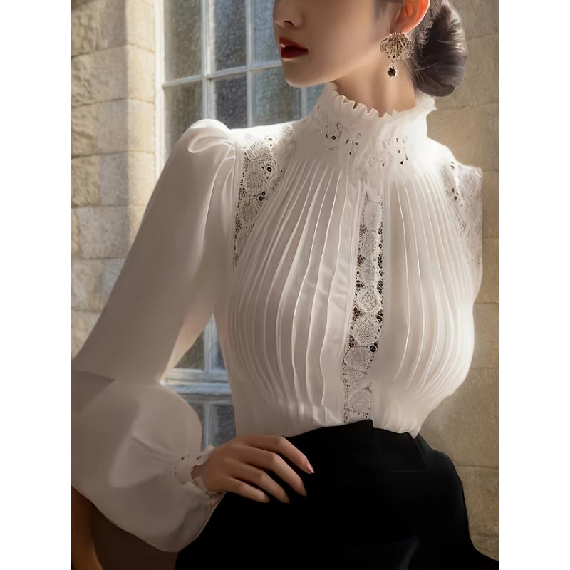 Women's Elegant White Sports Shirt - Lace Trim Ruffled Turtleneck & Bubble Sleeves, Breathable Machine-Washable Top for Casual or Active Wear,Casual Elegant Wear | Lace Detail Shirt | Elegant Design, Lace Blouse Fabric Womenswear